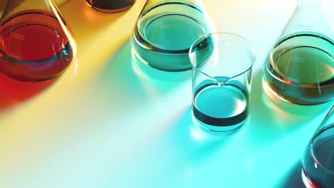 seamless looping animation of laboratory glassware filled with colorful liquids. multi-colored light passes through the glass beakers, flasks and liquids with caustic effect. concept of science, lab