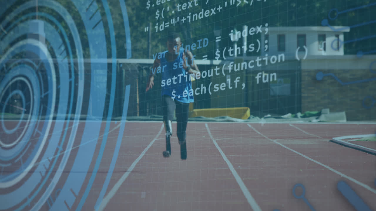 디지털 스크린에서 데이터 처리의 애니메이션 아프리카계 미국인 남성 러너와 러닝 블레이드