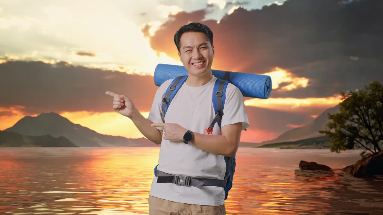 excursionista masculino asiático con mochila de montañismo sonriendo y señalando hacia un lado en un lago
