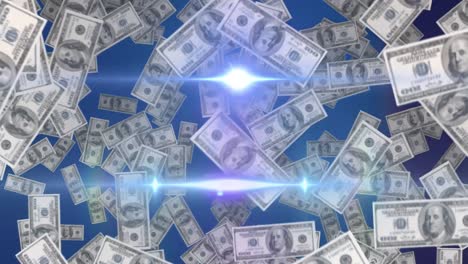 Animation-of-dollar-bills-falling,-with-moving-spotlights-on-blue-background