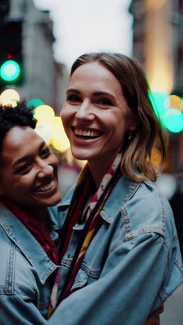 happy couple sharing a tender moment in an urban setting with bokeh lights