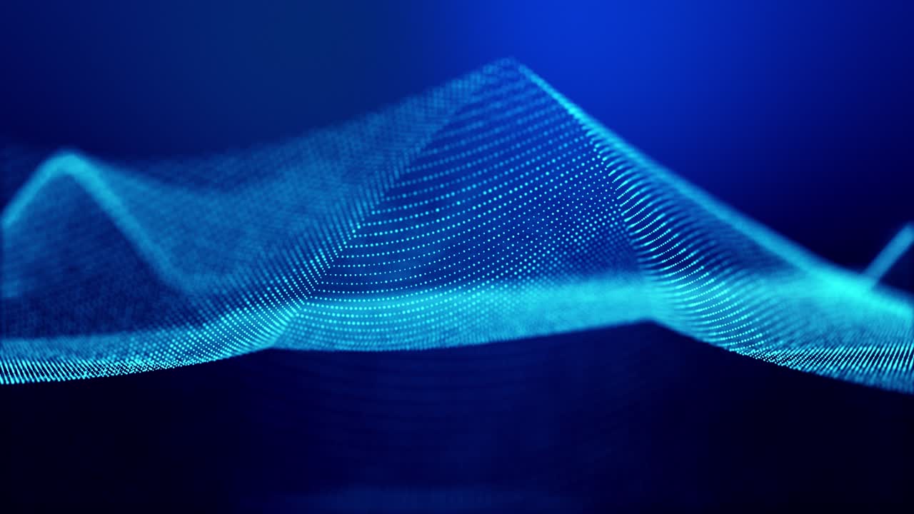 4k looped abstract background of glow particles form lines, surfaces as futuristic landscape in cyberspace or hologram. Sci-fi theme of microworld, nanotechnology or cosmic space. Blue sharp peaks 6