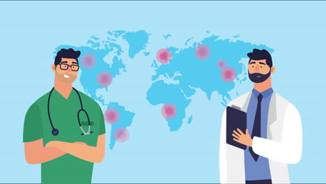 médicos con partículas de covid-19 y el planeta tierra