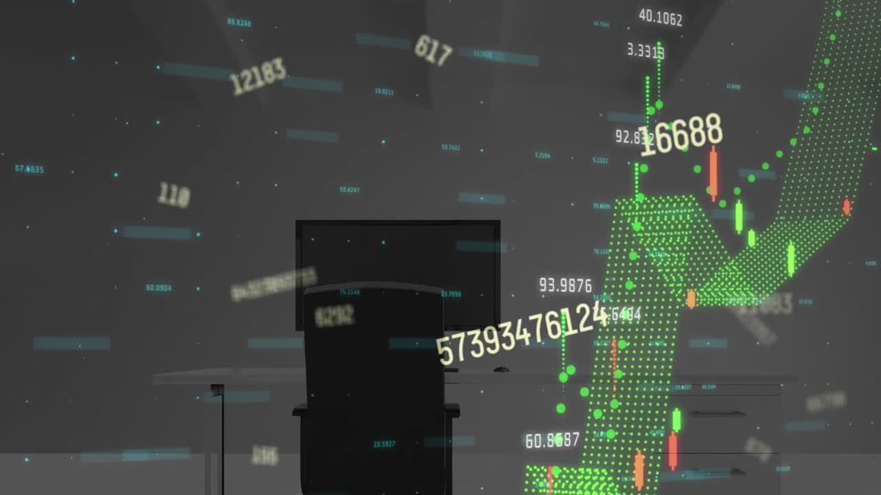 변화하는 번호의 애니메이션 및 사무실 데스크에 대한 금융 데이터 처리