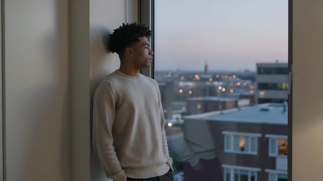 En lænende voksen mand betragter byens skyline, mens dagslyset falmer ved et stort vindue, byens lys, med plads til tekst.