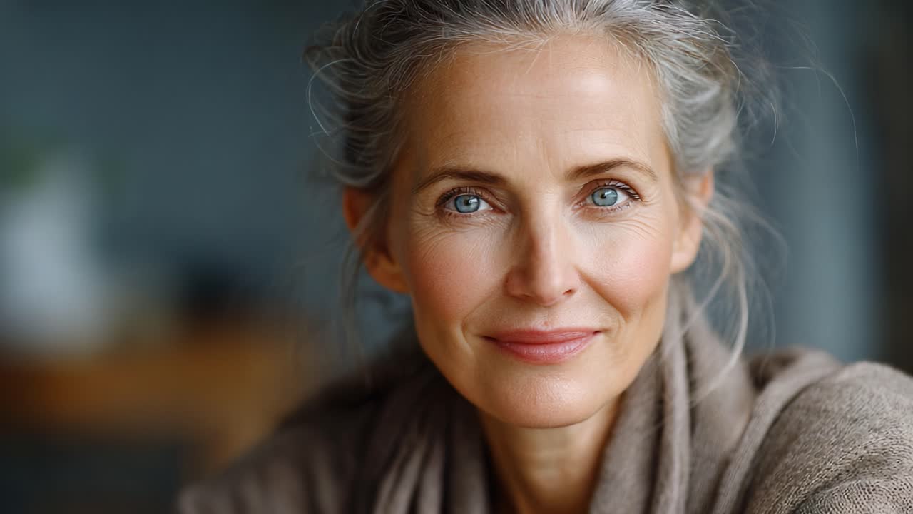 A Close-Up Portrait of a Graceful Older Woman with Silver Hair and Striking Blue Eyes, Exuding Warmth and Confidence in a Softly Lit Setting