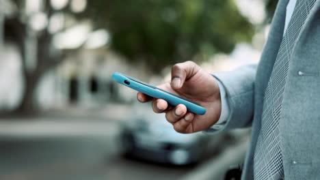 scrolling, phone and hands of black man in city