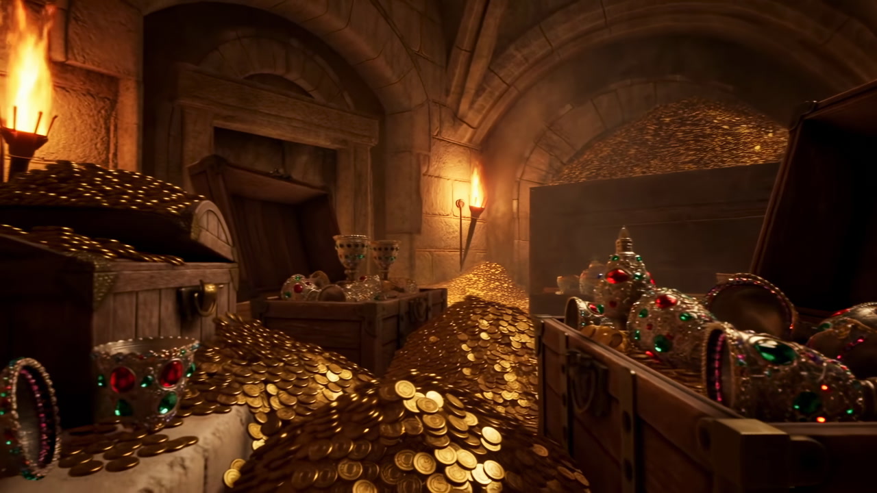 Gold Coins Spilling Across Ancient Stone, Open Wooden Chest Brimming With Jeweled Crown, Goblets And Ornate