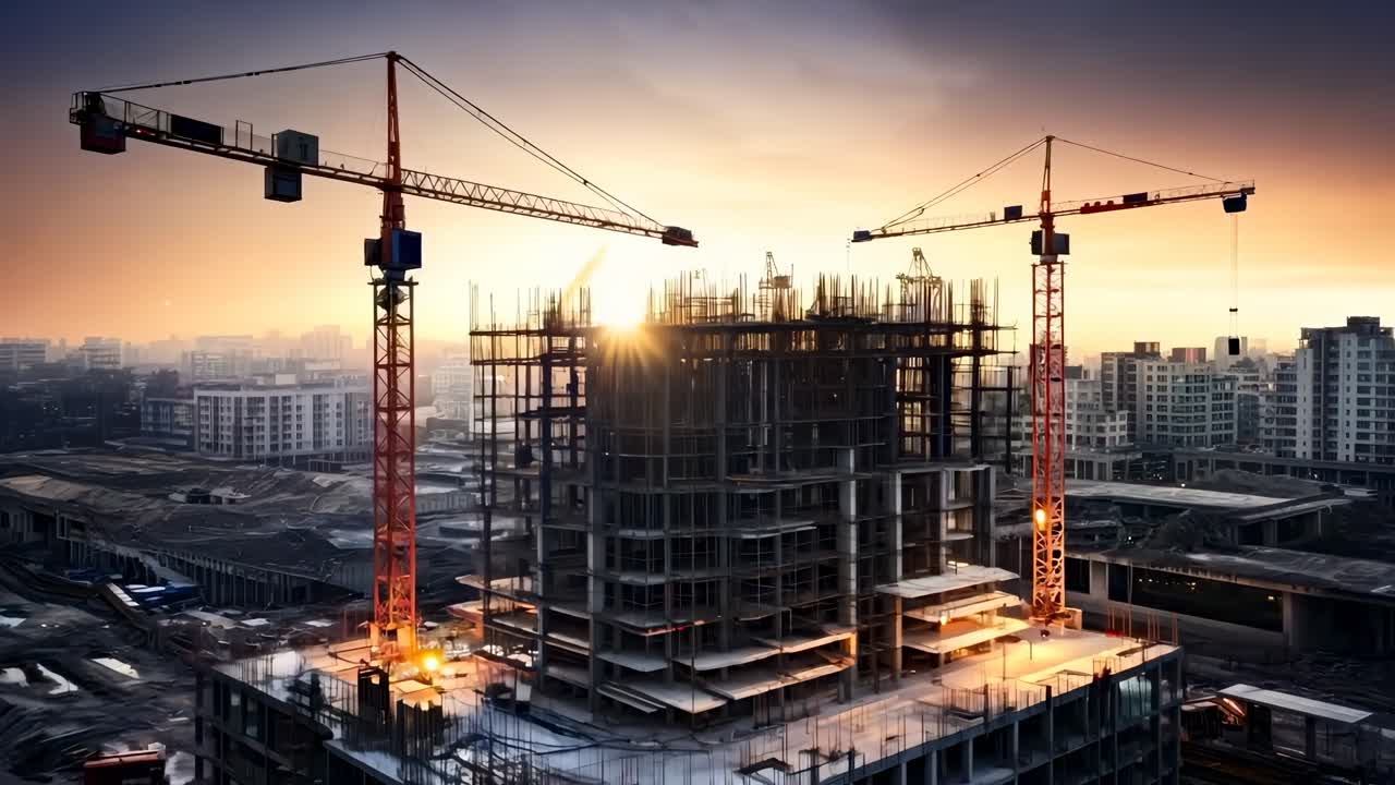 Aerial view of a construction site at sunset with cranes silhouetted against the sky