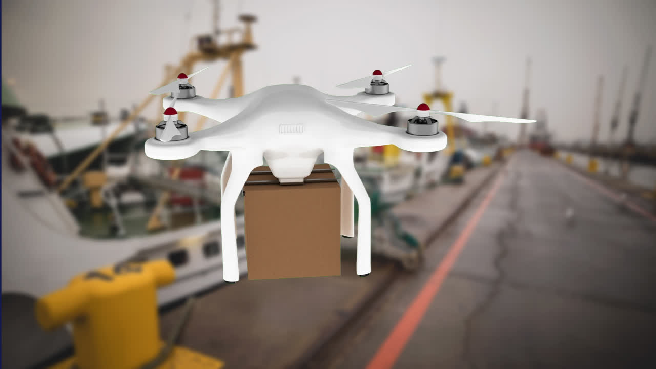 avión no tripulado que transporta un paquete a través de un puerto