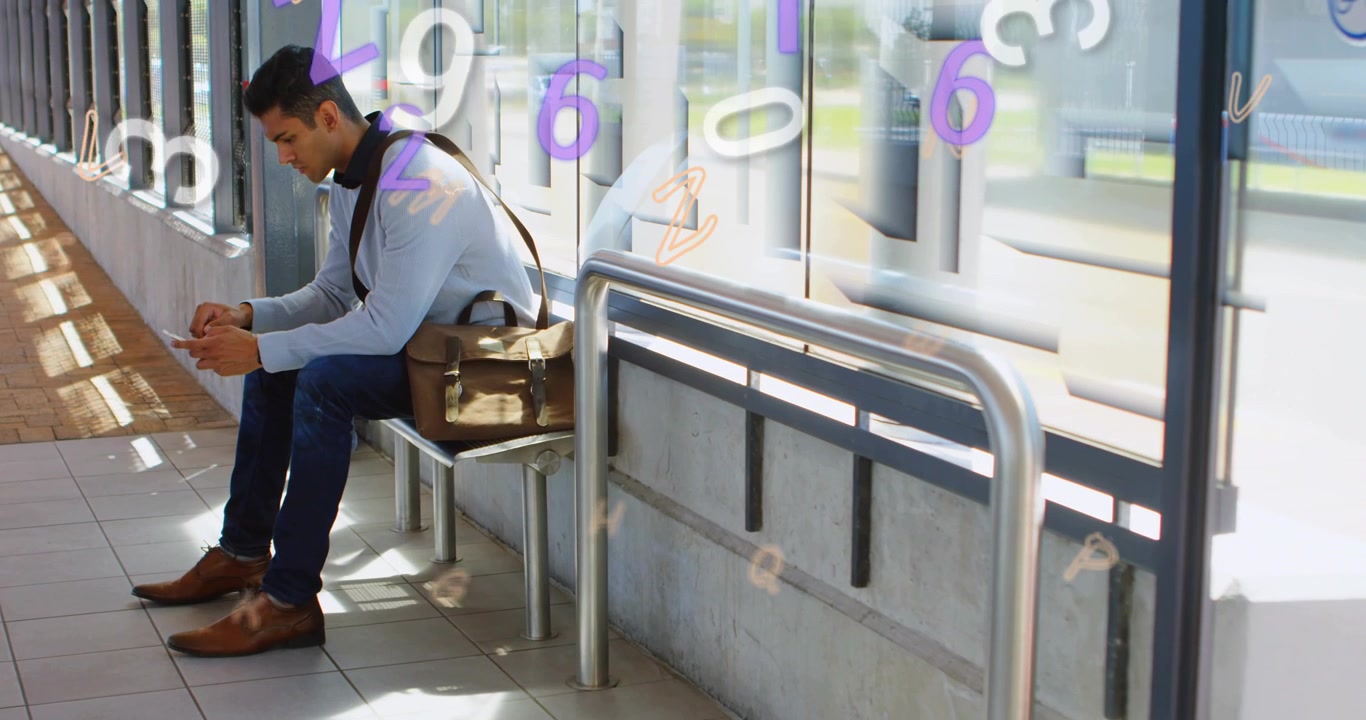 Man waiting at stop tapping phone causing tech numbers drifting peaking then fading on glass