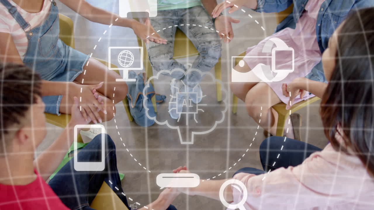 Animation of ai text and data processing over diverse students holding hands