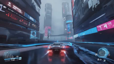 futuristic car driving through cyberpunk city
