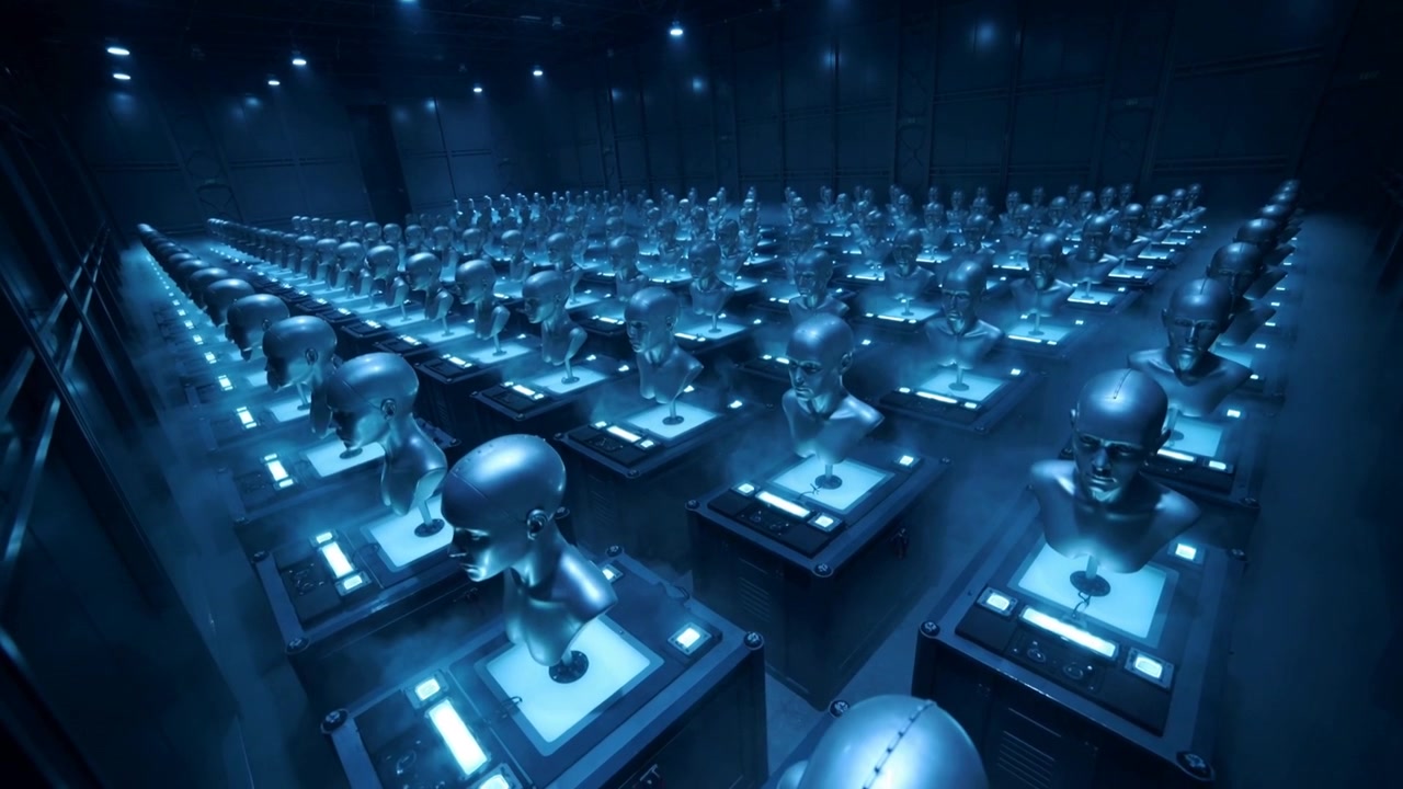 Gliding camera dolly beginning toward vast metal busts to reveal lit pedestal panels in dim chamber