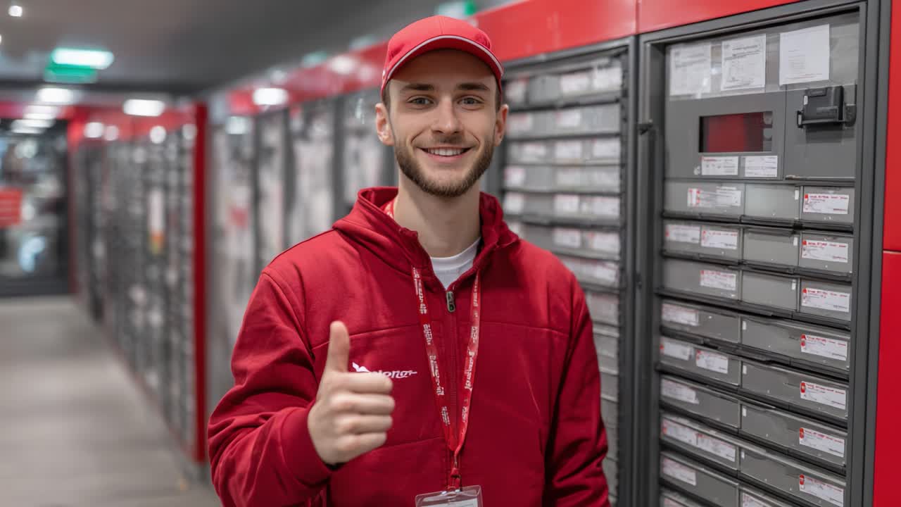 Friendly Postal Worker in Bright Red Uniform Giving a Thumbs Up in a Modern Mailbox Area, Showcasing Efficiency and Customer Service in Postal Deliveries
