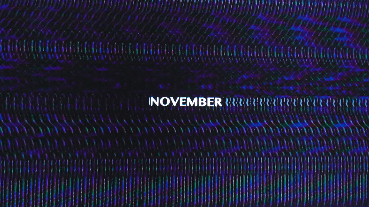 검은 바탕에 파란색 정적 선이 그려진 색 텍스트로 11 월 글리치 단어