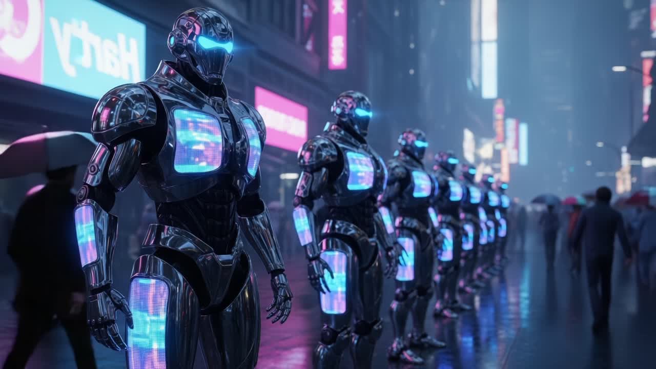 Futuristic Robotic Sentinels Glimmering in a Neon-Illuminated Urban Landscape: A Vision of Technology and Progress Amidst Cybernetic Evolution