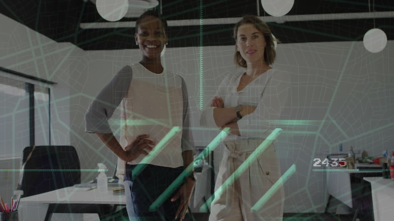 Two businesswomen in office with digital data processing animation overlay