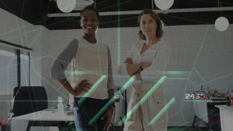 two businesswomen in office with digital data processing animation overlay