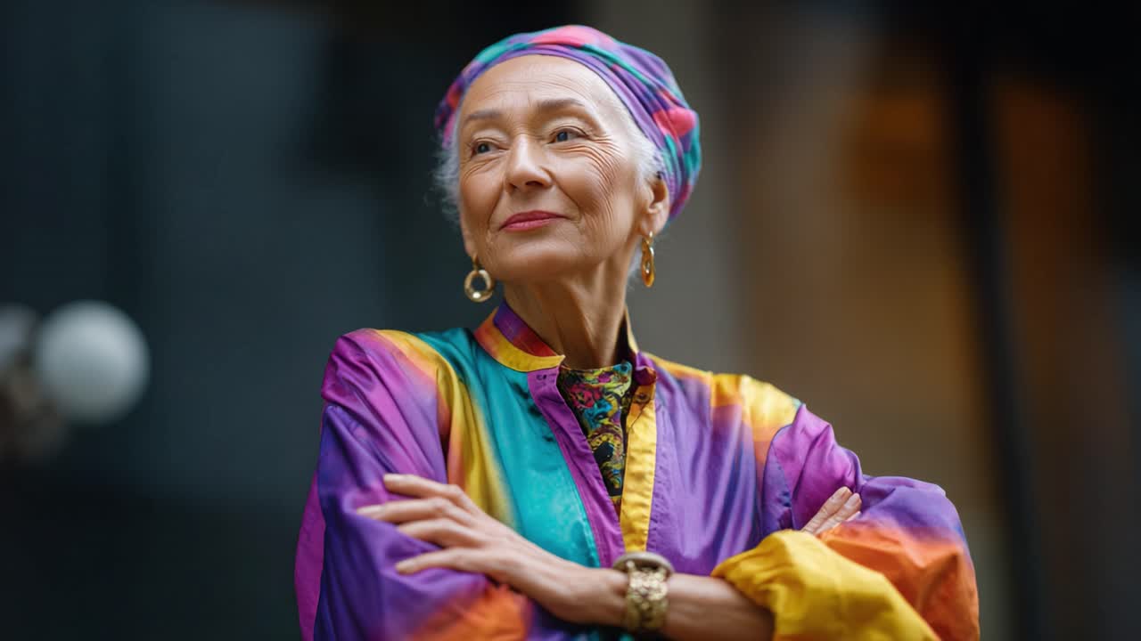 Una donna anziana elegante irradia sicurezza e stile in un completo colorato con una posa aggraziata e accessori unici, catturando una bellezza senza tempo e consapevolezza di sé.