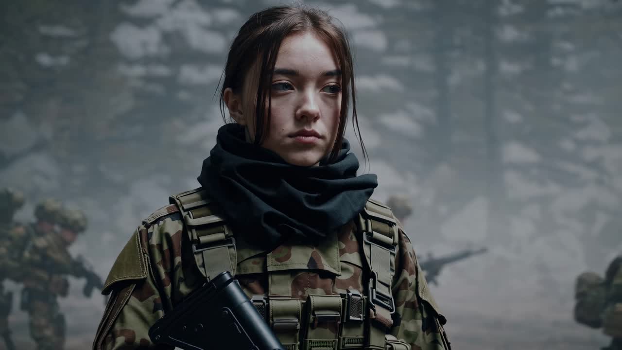 Determined female soldier holding rifle standing vigilant amidst smoky battlefield, military squad in background, demonstrating courage and readiness in combat zone