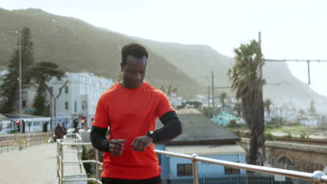 fitness, check time and black man in city