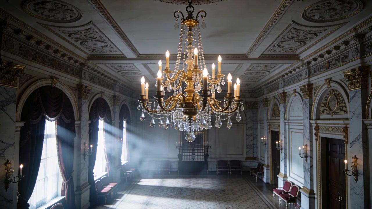 La luce solare filtra dalle finestre, la foschia si sposta facendo brillare il lampadario e illuminando la sala.