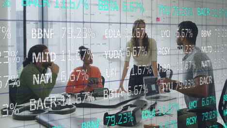 animation of stock market data processing over team of diverse colleagues discussing at office