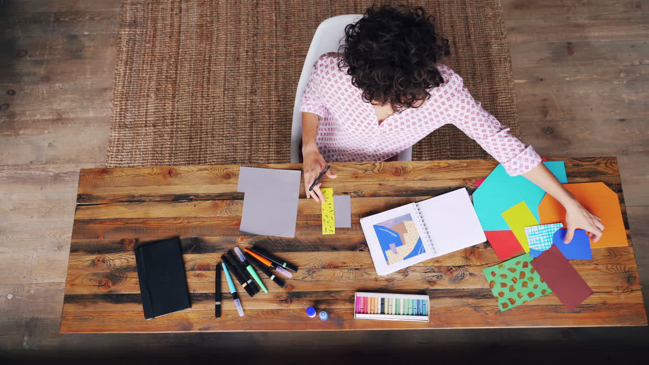 Woman Crafting at Wooden Table