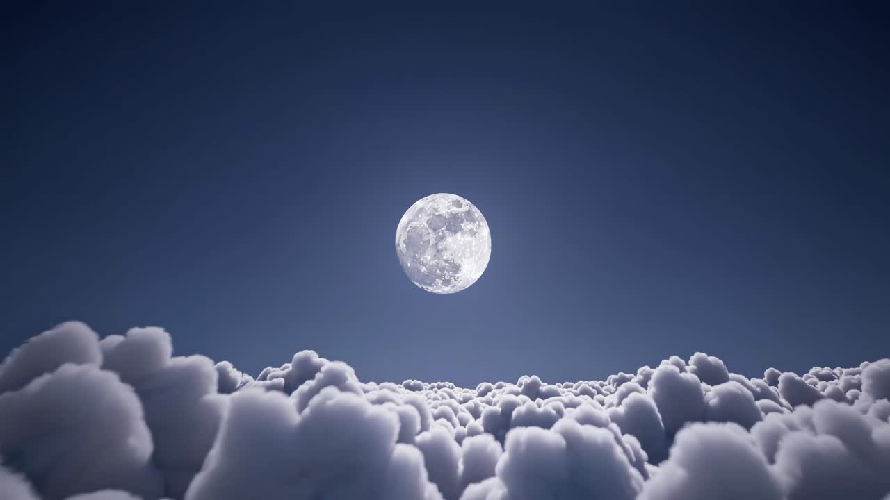 Zdjęcie lotnicze pełni księżyca oświetlającego puszyste chmury nocą, tworząc spokojną, senną atmosferę