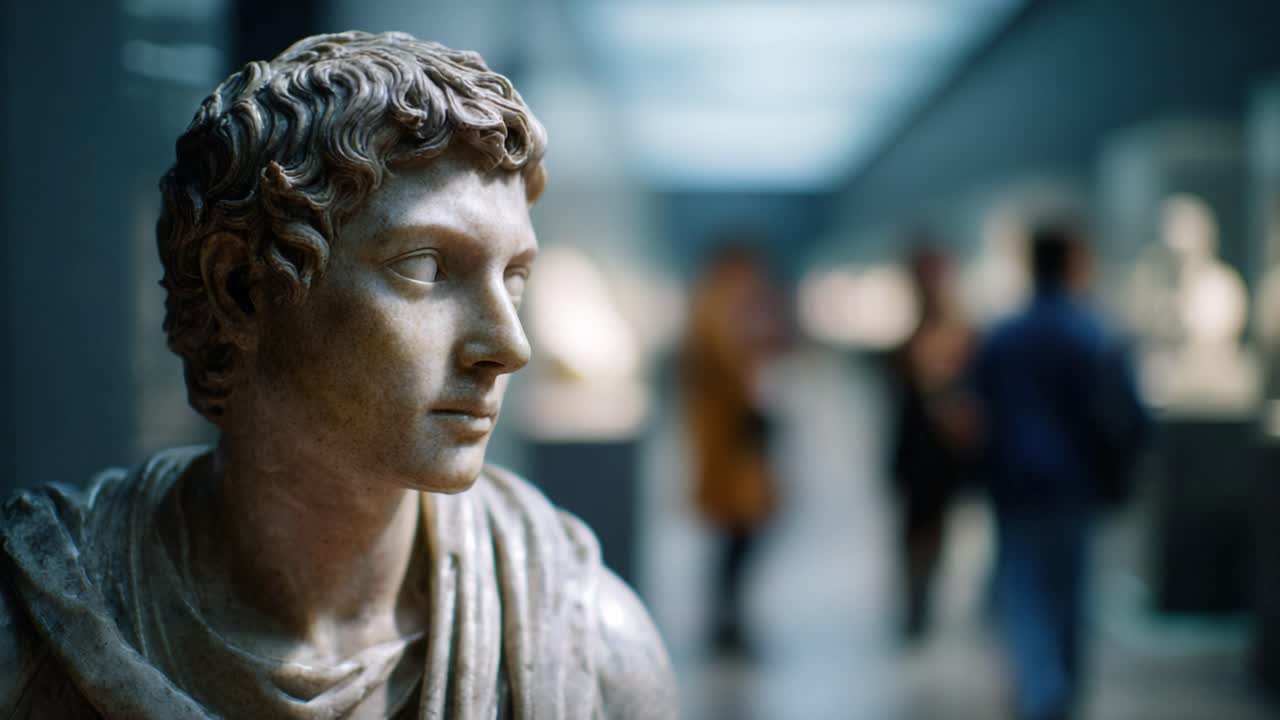 Una vista ravvicinata di una statua antica catturata in un museo d'arte, che ne evidenzia i dettagli intricati su uno sfondo leggermente sfocato di visitatori e opere esposte.
