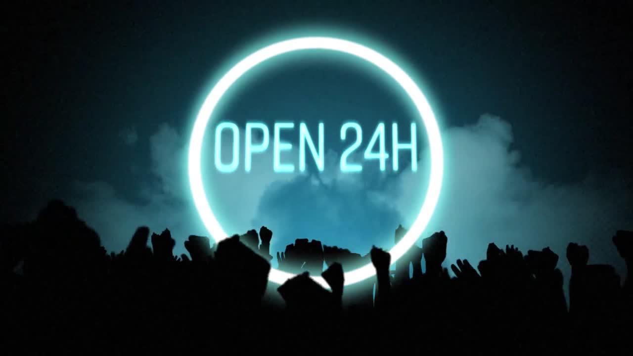 Animation of blue neon circle with dancing people in silhouette with arms up