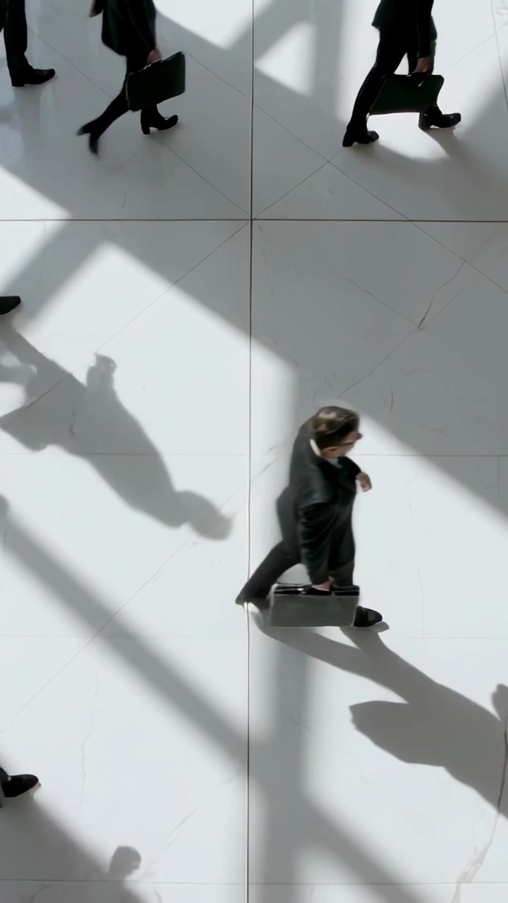 Vertical video: Entering from top, man in dark suit walking across lobby, with briefcase to office