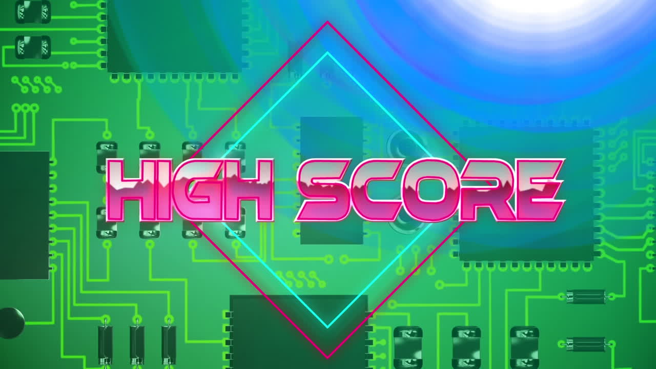 'High score'-tekst på neonskvadrater mod et nærbillede af mikroprocessorforbindelser på grøn baggrund