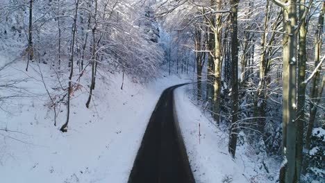 drone flying low above the road in forest covered with snow