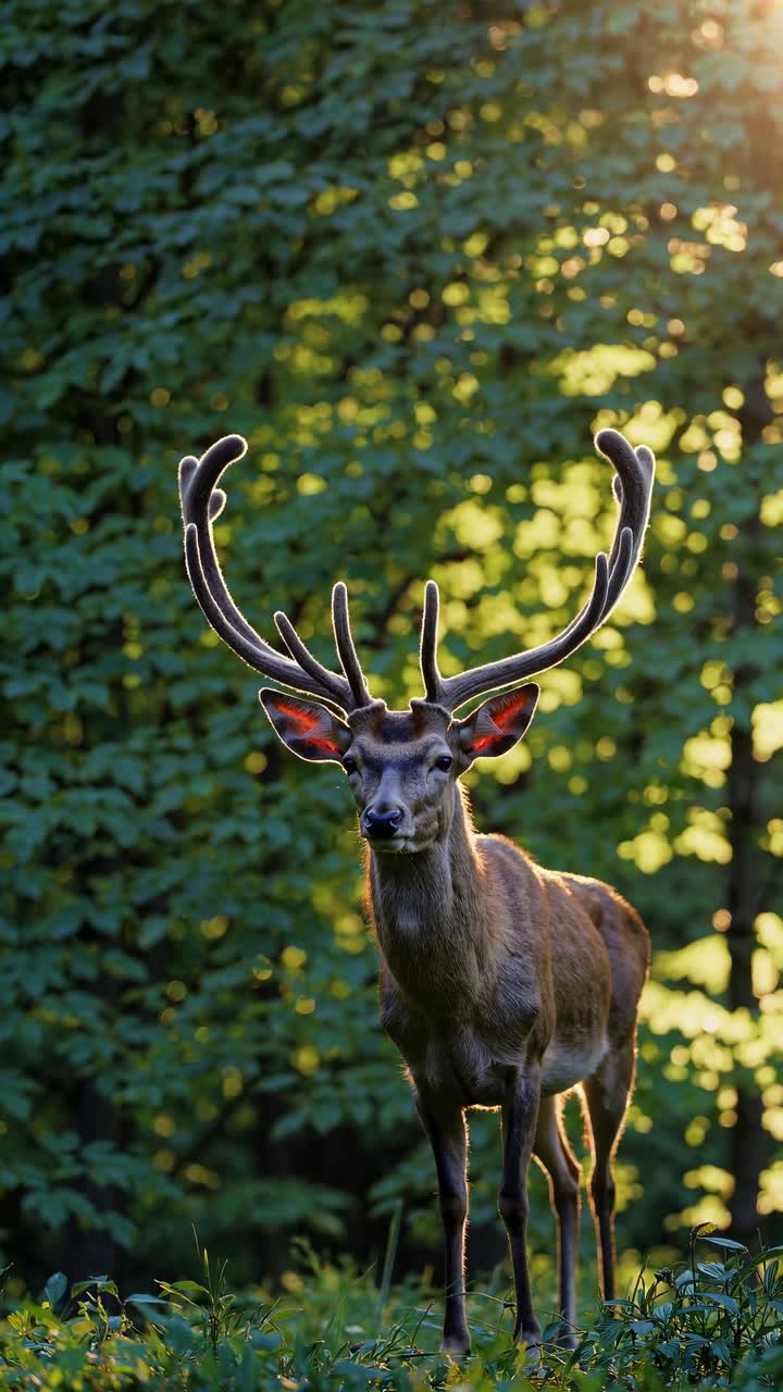 Majestic deer with large antlers in a sunlit forest