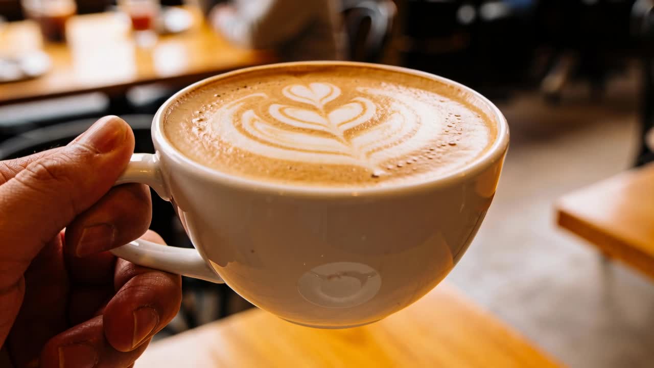 Mano sinistra che porta una tazza di ceramica bianca verso la telecamera in un caffè, mostrando una latte art a forma di cuore.