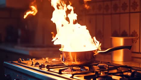 a pot on a stove with flames coming out of it