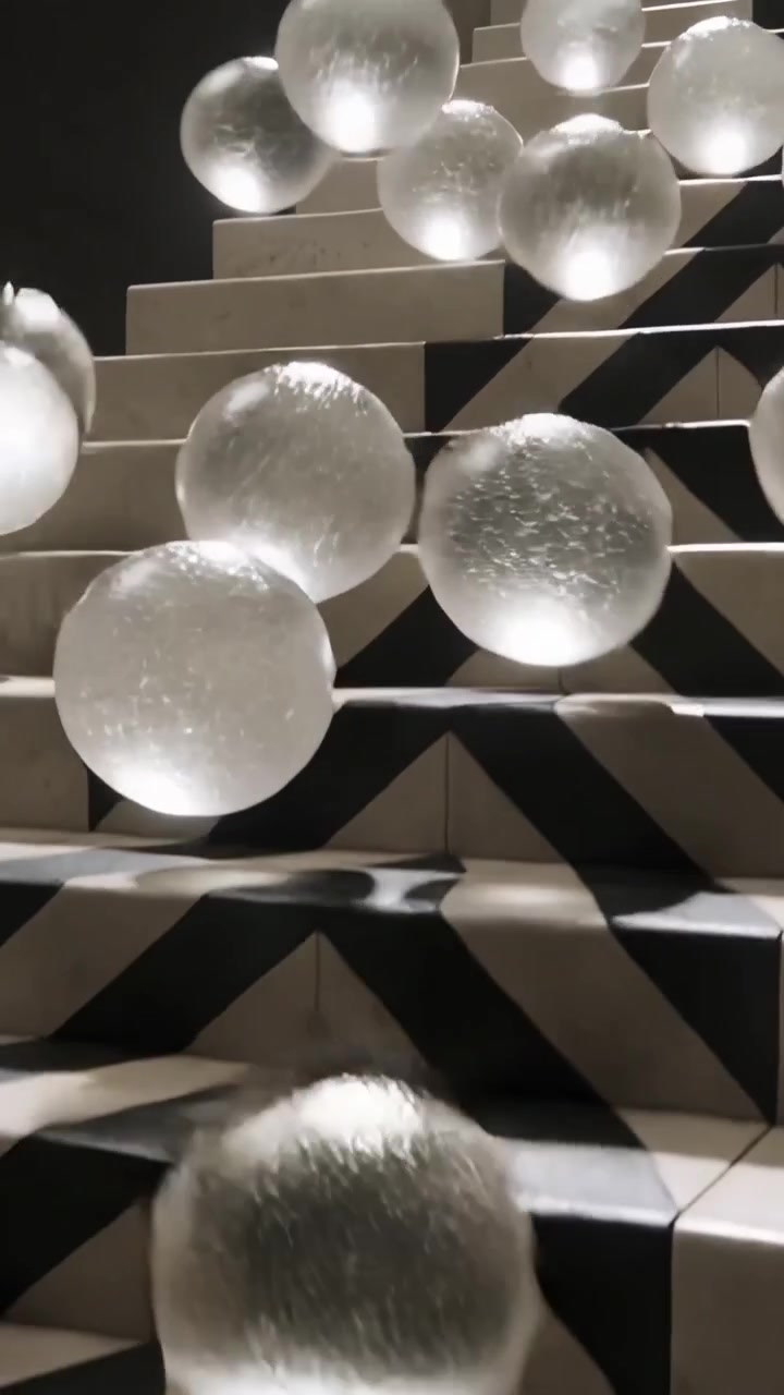 Video verticale: Sfere smerigliate rilasciate che scendono le scale di una galleria, rivelando alzate a chevron audaci