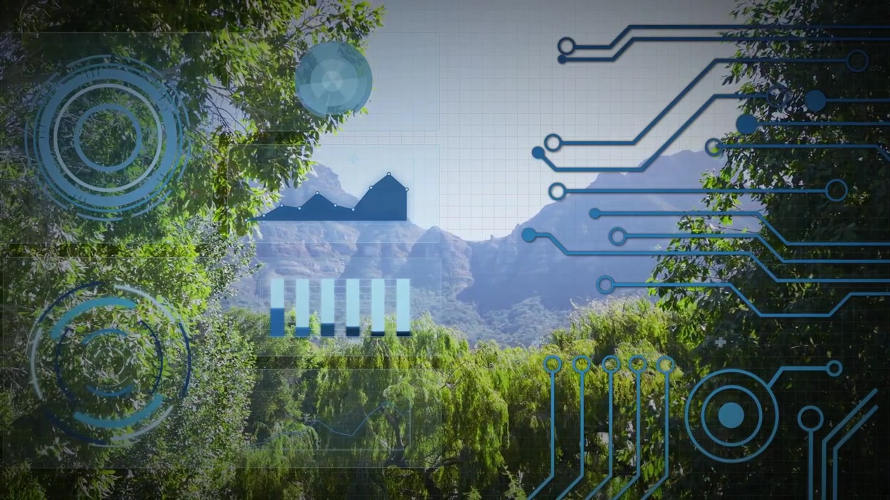 HUD activating on forest valley, rings pulsing, globe shifting, bars filling, displaying data