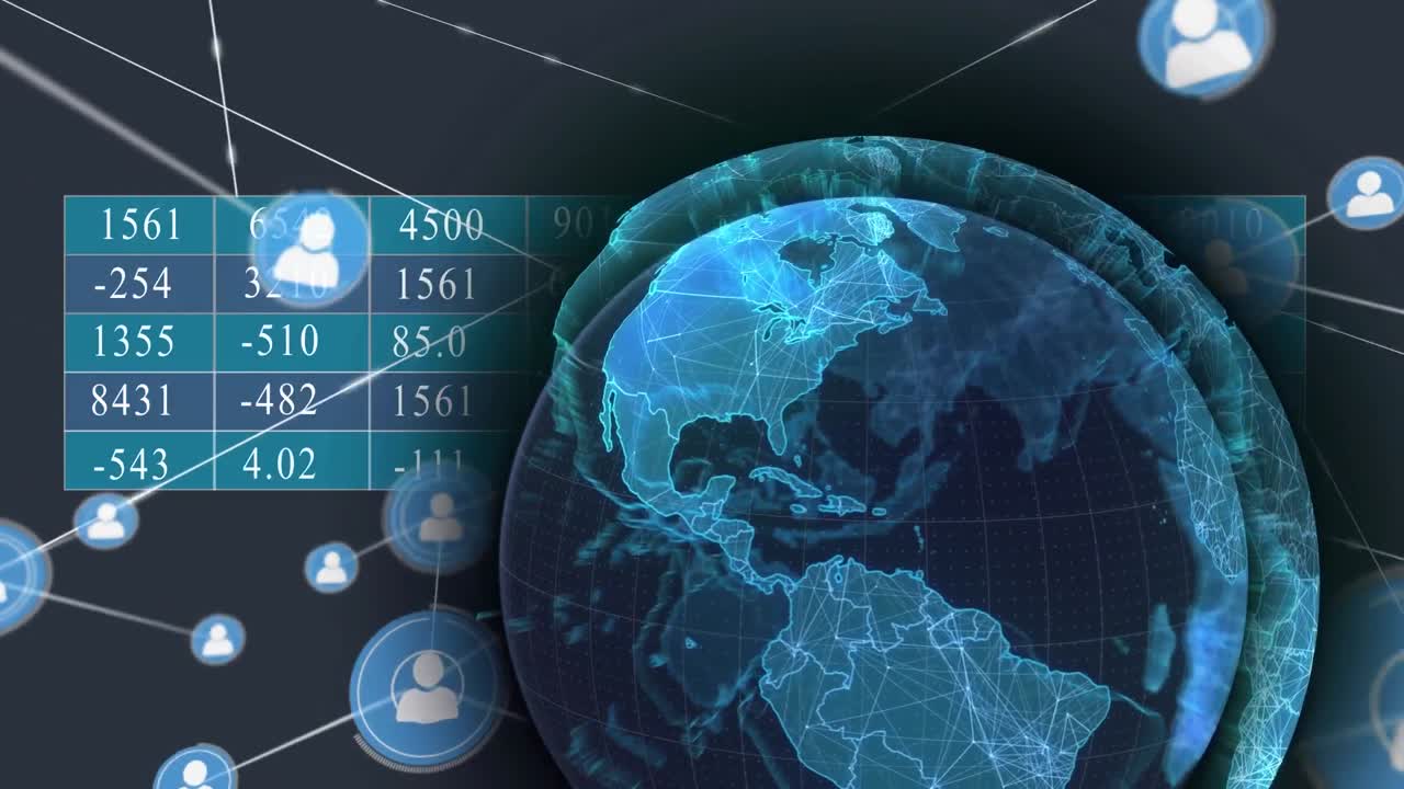 animación del globo, números en el gráfico con iconos de perfil conectados con líneas en fondo gris.