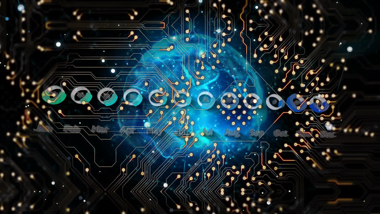 Animation of computer circuit board over graph and globe on black background