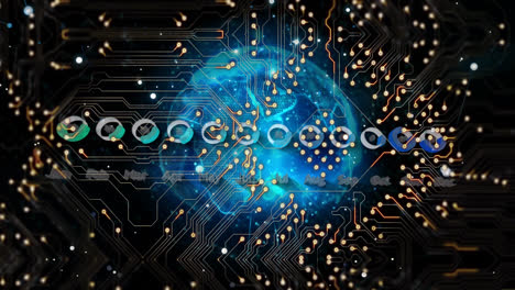 animation of computer circuit board over graph and globe on black background