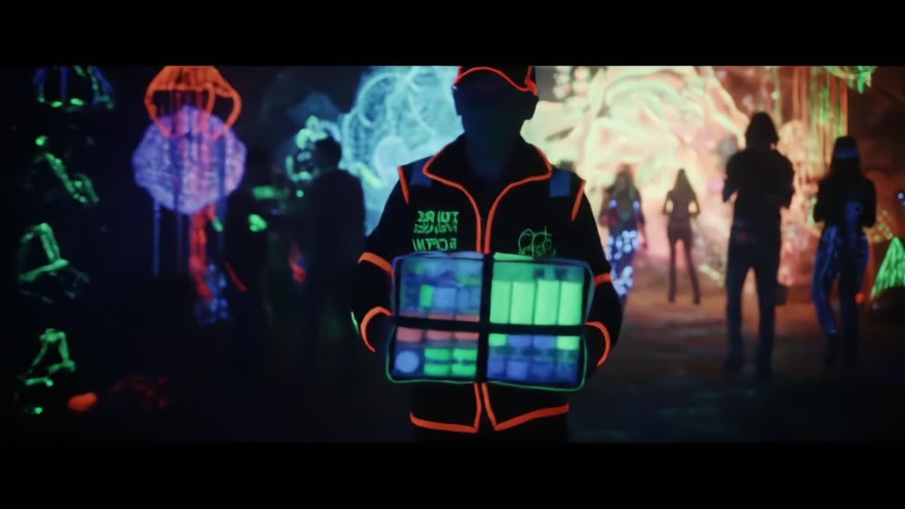 An Engaging Journey Through a Vibrant Neon Cave, Where Delivery Meets Artistry Amidst Colorful Light Installations and Enthusiastic Gatherings