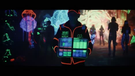 an engaging journey through a vibrant neon cave, where delivery meets artistry amidst colorful light installations and enthusiastic gatherings