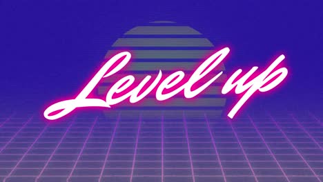 animation of level up text over grid pattern and bar forming sun against blue background