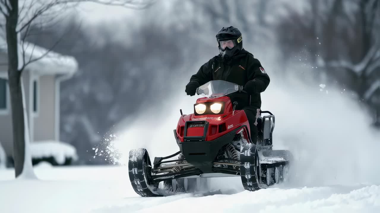 Person Riding a Snowmobile in Snowy Landscape