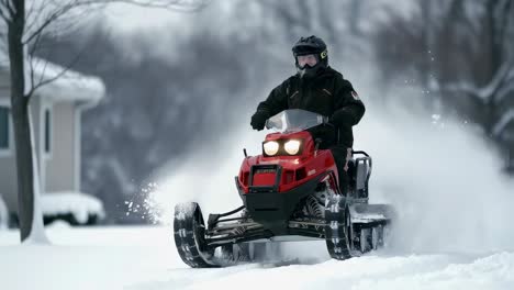 person riding a snowmobile in snowy landscape