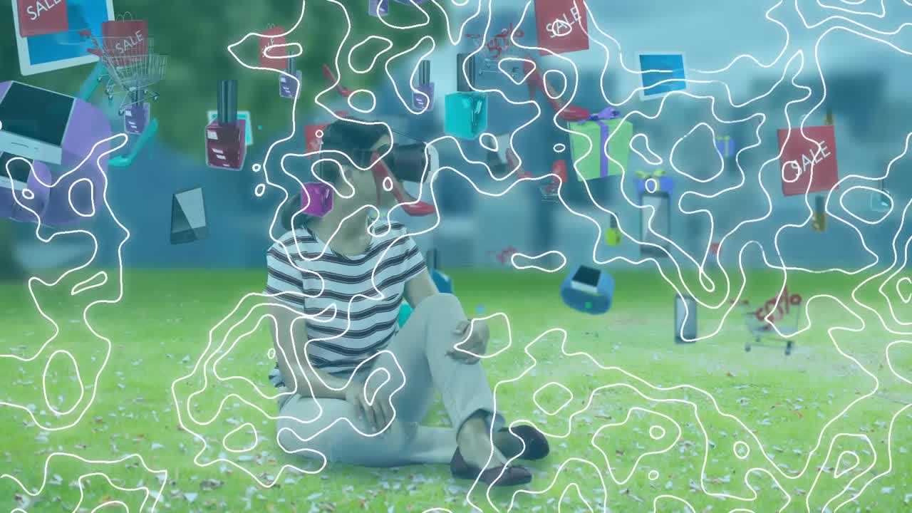 ⁇ 색 윤 ⁇  선과 아이콘의 애니메이션이 바 ⁇ 에서 vr 헤드 ⁇ 을 착용한 여성 위로 움직인다