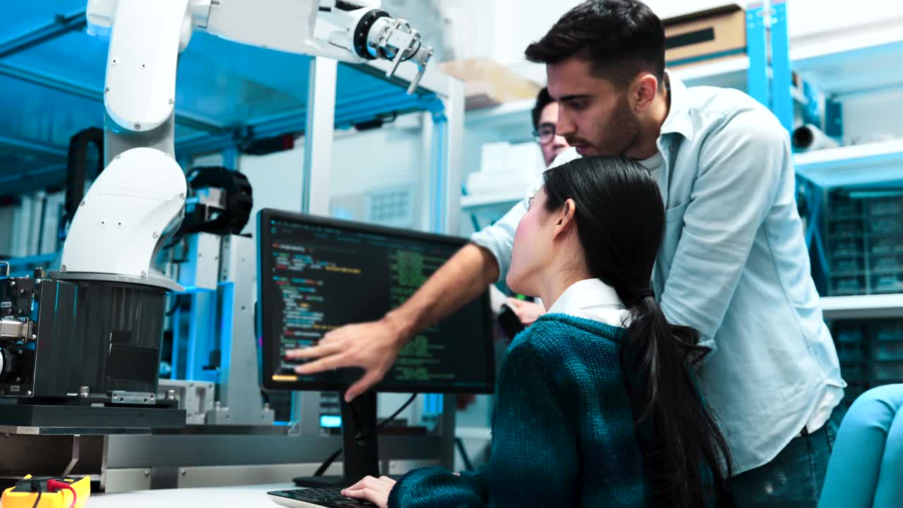 un brazo robótico protésico tecnológico es probado por dos ingenieros de desarrollo profesional en un laboratorio de investigación de alta tecnología con equipos futuristas modernos.